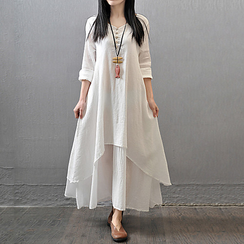 

Women's A Line Dress Maxi long Dress Yellow Red White Long Sleeve White Solid Colored Layered Fall Spring Round Neck Chinoiserie Loose M L XL XXL 3XL 4XL 5XL / Cotton / Plus Size / Plus Size / Cotton