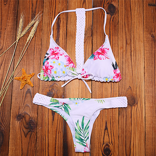 

Women's Bikini Swimsuit Print Floral Pink White Black Swimwear Halter Neck Bathing Suits