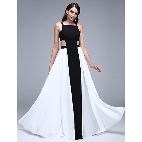 

A-Line Color Block Cut Out Prom Formal Evening Dress Square Neck Sleeveless Floor Length Chiffon with Pleats 2020