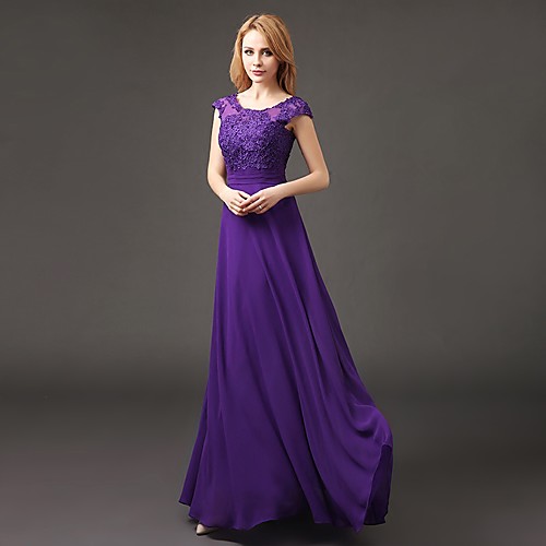 

A-Line Scoop Neck Floor Length Chiffon / Lace Bodice Bridesmaid Dress with Appliques