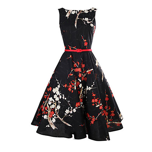 

Women's Sheath Dress Knee Length Dress Black Sleeveless Black Floral Print Summer Round Neck Vintage Holiday S M L XL XXL