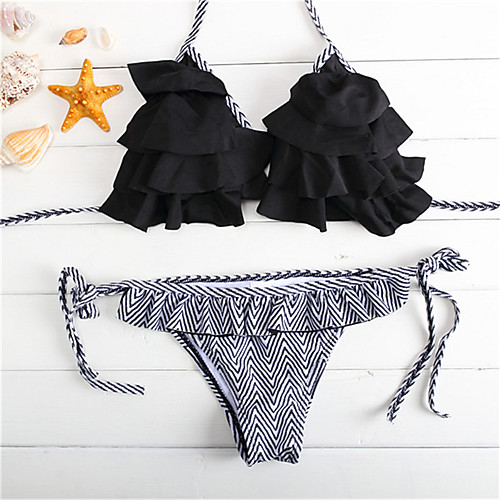 

Women's Bikini Swimsuit Print Black Swimwear Halter Neck Bathing Suits / Sexy