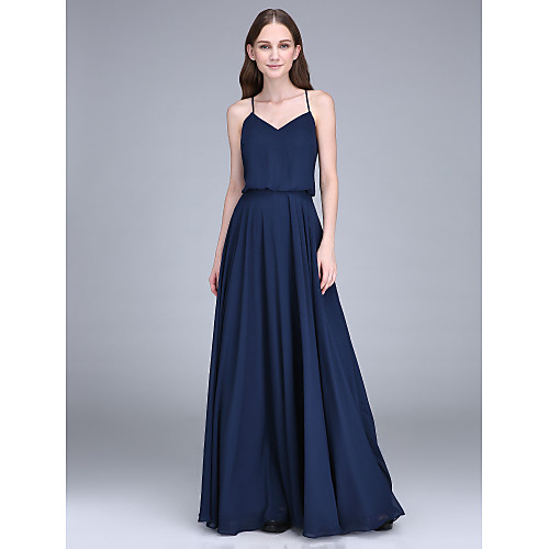 

Sheath / Column Spaghetti Strap Floor Length Chiffon Bridesmaid Dress with Pleats / Open Back