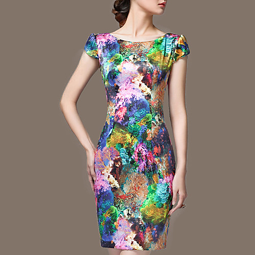 

Women's Sheath Dress Short Mini Dress Rainbow Short Sleeve Floral Print Fall Spring Round Neck Sophisticated Going out Slim S M L XL XXL 3XL 4XL / Plus Size / Silk / Plus Size