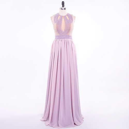 

A-Line See Through Formal Evening Dress Jewel Neck Sleeveless Floor Length Chiffon with Pearls Beading 2021