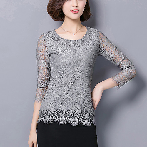 

Women's Plus Size Embroidered Lace Cut Out Blouse Work White / Black / Gray