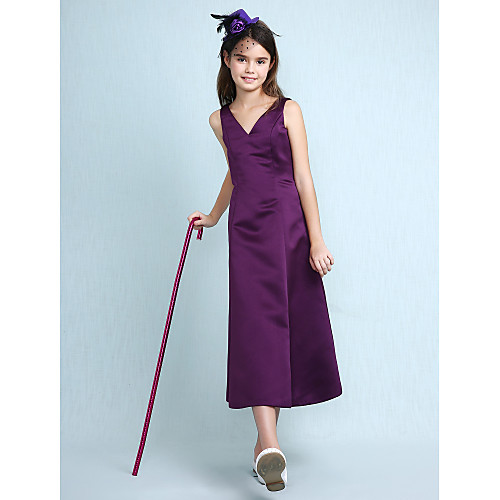 

Princess Knee Length Junior Bridesmaid Dress Wedding Party Satin Sleeveless V Neck with Pleats / Fall / Spring / Summer / Apple / Hourglass