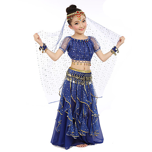 

Belly Dance Top Gold Coin Sequin Performance Short Sleeves Natural Chiffon Satin Polyester