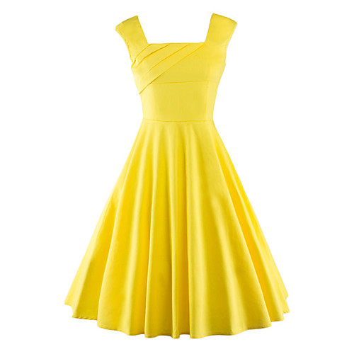 

Women's A Line Dress Knee Length Dress Yellow Red Black Sleeveless Solid Colored Summer Square Neck Vintage Going out S M L XL XXL / Cotton / Cotton