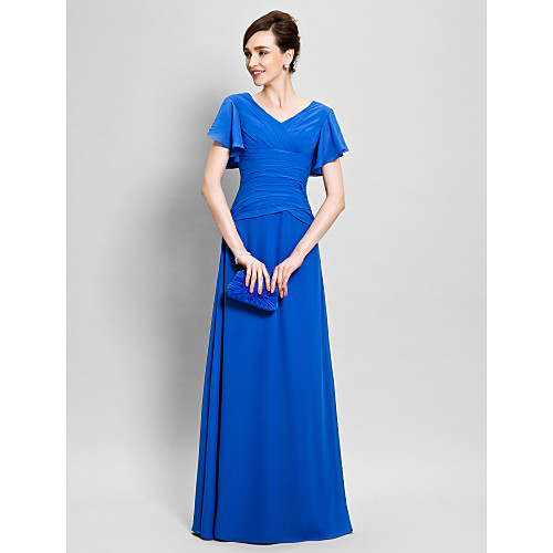 

Sheath / Column Mother of the Bride Dress Vintage Inspired V Neck Floor Length Chiffon Short Sleeve with Criss Cross 2021