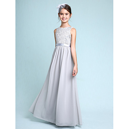 

Sheath / Column Floor Length Junior Bridesmaid Dress Chiffon Sleeveless Bateau Neck with Lace / Natural