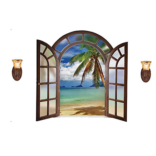 

European Landscape Fake Window Wall Decals Coconut Tree Decals Landscape Stickers Nursery Children's Room for Home Decor 65100cm