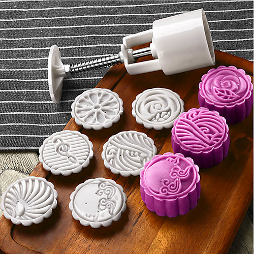 

7PCS Set Round Moon Cake Mold 1 Hand Pressing with 6 Stamps 50g Bread Maker