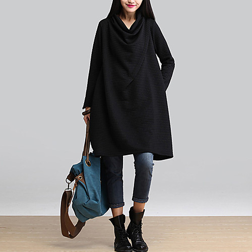 

Women's Loose Knee Length Dress Wine Gray Black Long Sleeve Solid Colored Fall Winter Cowl Neck Loose M L XL XXL / Cotton / Cotton