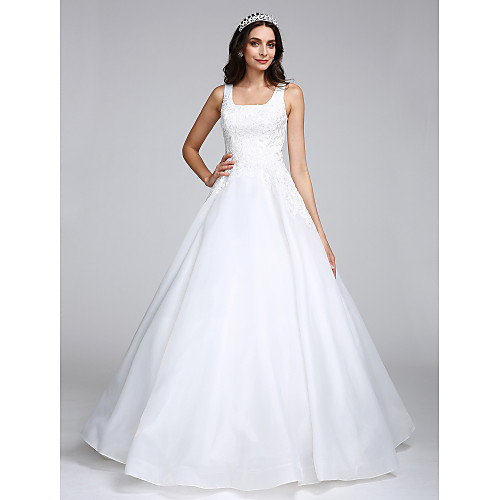 

Ball Gown Wedding Dresses Square Neck Floor Length Organza Regular Straps Formal Simple Little White Dress Plus Size with Appliques 2021