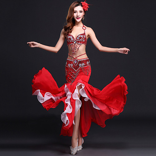 

Belly Dance Skirt Sequin Split Front Women's Performance Sleeveless Natural Chiffon Satin Rayon
