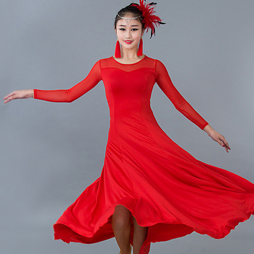 

Ballroom Dance Dress Ruched Women's Performance Long Sleeve Natural Tulle Milk Fiber