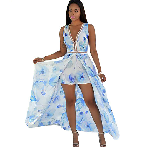 

Women's Sheath Dress Maxi long Dress Blue Sleeveless Floral Cut Out Summer Deep V Vintage Boho Holiday Beach Floral S M L XL