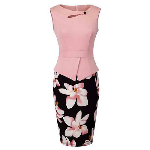

Women's Sheath Dress Knee Length Dress Yellow Red Fuchsia Pink Sleeveless Dusty Rose Floral Cut Out Print Summer Round Neck Going out Slim Floral S M L XL XXL 3XL / Plus Size / Plus Size
