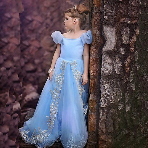 

A-Line Floor Length Flower Girl Dresses Organza Short Sleeve Jewel Neck with Lace / Natural