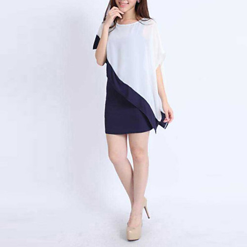 

Women's Sheath Dress Short Mini Dress Screen Color White Short Sleeve Color Block Layered Summer Round Neck Asymmetrical M L