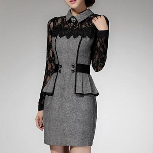 

Women's Sheath Dress Short Mini Dress Red Gray Long Sleeve Solid Colored Fall Winter Shirt Collar Sophisticated Work Slim Lace S M L XL XXL 3XL / Plus Size / Plus Size