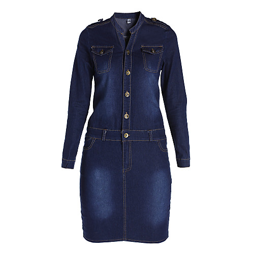 

Women's Bodycon Knee Length Dress Dark Blue Long Sleeve Solid Colored Fall Shirt Collar Casual Slim S M L XL XXL