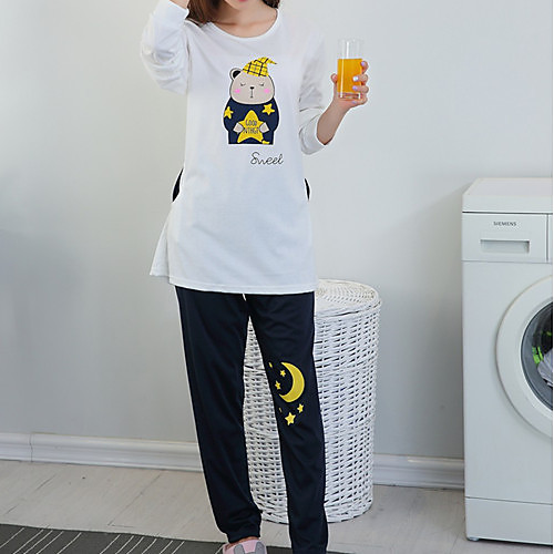 

Women's Suits Pajamas Sets Print Cartoon Cotton Casual T shirt Pant Round Neck Daily Wear Home Long Sleeve