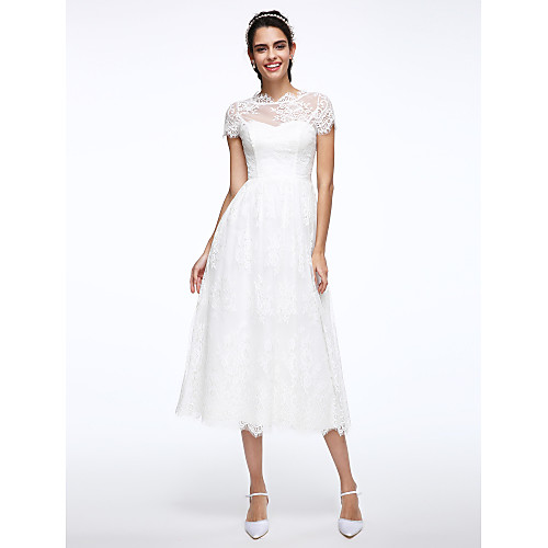 

A-Line Wedding Dresses Jewel Neck Tea Length Lace Short Sleeve Simple Casual Illusion Detail Backless with Appliques 2021