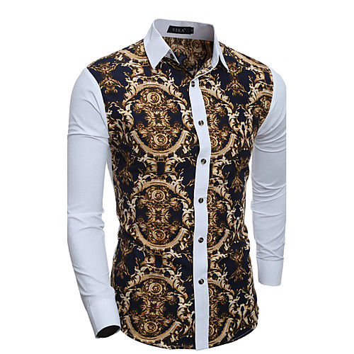 

Men's Shirt Tribal Patchwork Long Sleeve Daily Slim Tops Vintage Classic Collar White / Fall / Spring