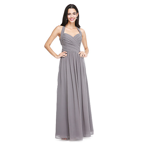 

A-Line Halter Neck Floor Length Chiffon Bridesmaid Dress with Criss Cross / Side Draping