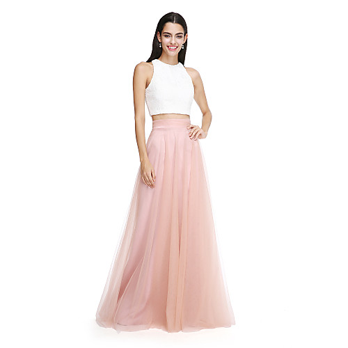 

Two Piece / A-Line Jewel Neck Floor Length Lace Over Tulle Bridesmaid Dress with Sash / Ribbon / Ruched