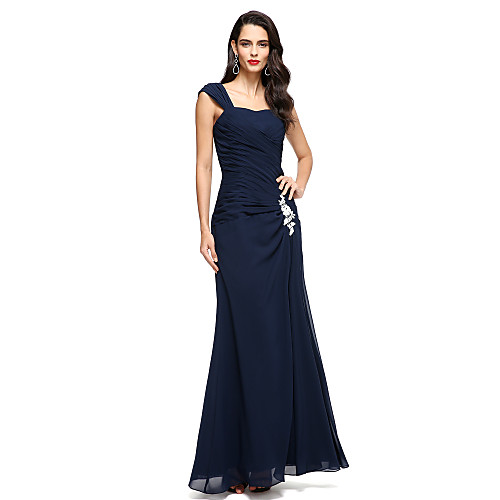 

A-Line Mother of the Bride Dress Straps Floor Length Chiffon with Appliques Side Draping 2021