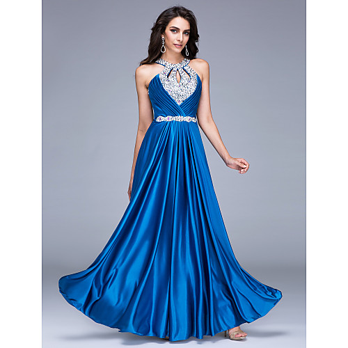 

A-Line Sparkle & Shine Keyhole Formal Evening Dress Halter Neck Sleeveless Floor Length Satin with Beading 2021