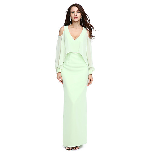 

Sheath / Column Elegant Formal Evening Dress V Neck Long Sleeve Floor Length Chiffon with Beading 2021