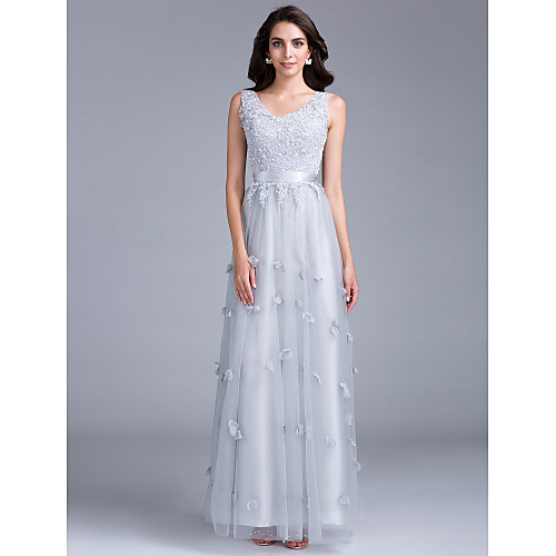 

Sheath / Column V Neck Floor Length Tulle Formal Evening / Black Tie Gala Dress with Beading Appliques Flower by CHQY
