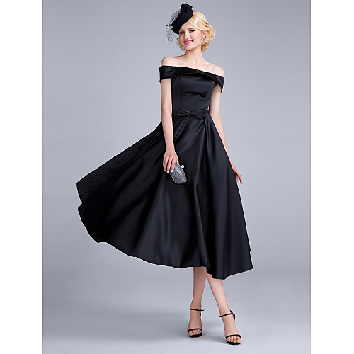 

A-Line Vintage Inspired Cocktail Party Prom Dress Off Shoulder Sleeveless Tea Length Satin Chiffon Polyester with Bow(s) 2021