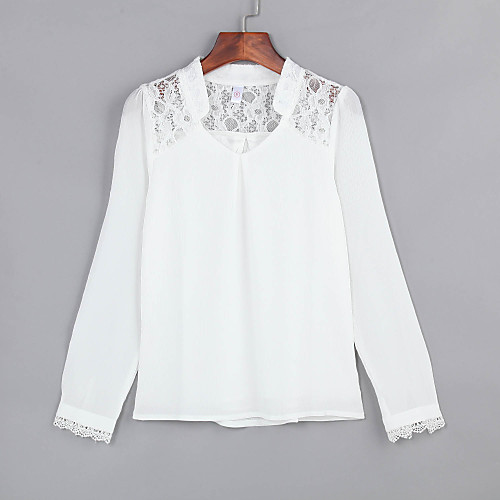 

Women's Blouse Solid Colored Plus Size Cut Out Lace Long Sleeve Daily Tops White