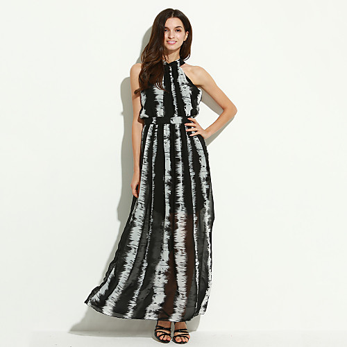

Women's Maxi long Dress A-Line Dress - Sleeveless Striped Backless Summer Turtleneck Party Black S M L XL