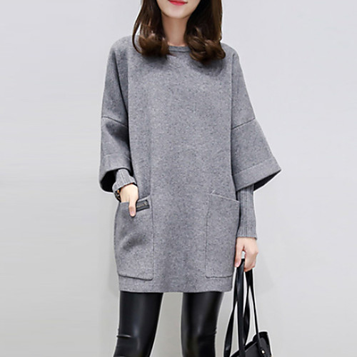 

Women's Short Mini Dress Pink Gray Long Sleeve Solid Colored Fall Winter Crew Neck M L XL XXL 3XL / Plus Size / Plus Size