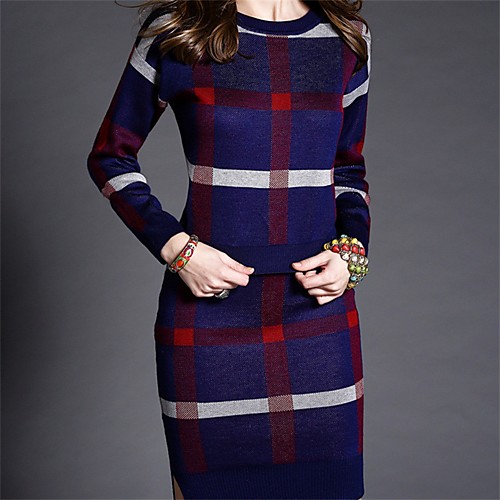 

Women's Sweater Jumper Dress Short Mini Dress Red Blue Green Long Sleeve Split Print Fall Winter Round Neck Sophisticated Party Slim One-Size / Cotton / Cotton