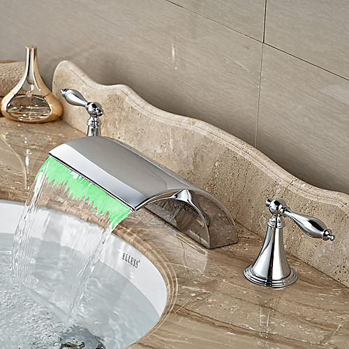 

Contemporary Widespread Waterfall Widespread LED Ceramic Valve Two Handles Three Holes Chrome Bathroom Sink Faucet with Hot and Cold Switch