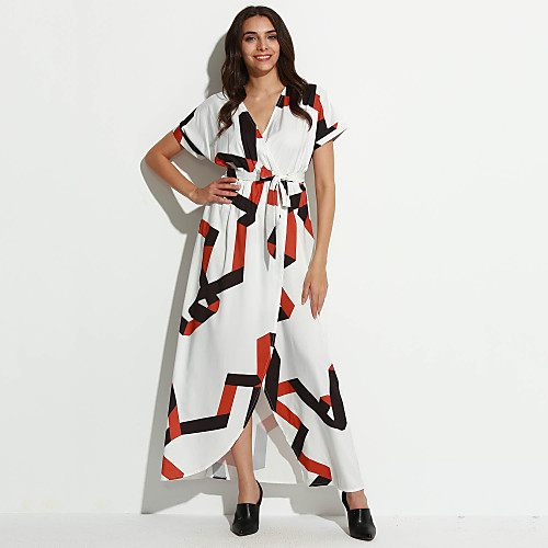 

Women's Swing Dress Maxi long Dress White Short Sleeve Split Print Summer Shirt Collar Streetwear Going out S M L XL