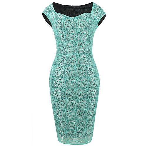 

Women's Sheath Dress Knee Length Dress Red Blue Green Embroidered Lace Fall Summer Square Neck Streetwear Work Belt Not Included Lace S M L XL XXL / Cotton / Cotton