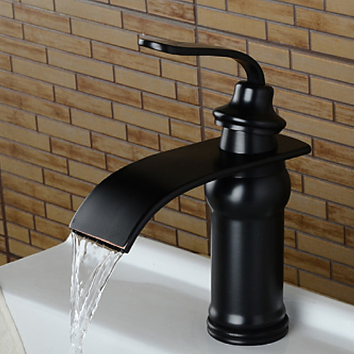 

Brass Bathroom Sink Faucet,Waterfall Oil-rubbed Bronze Widespread Single Handle One Hole Bath Taps Included Drain and Hot/Cold Water