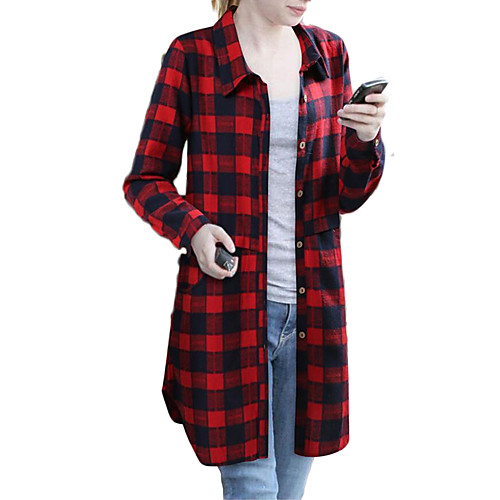 

Women's Plus Size Shirt Plaid Check Long Sleeve Shirt Collar Tops Red Blue