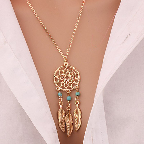 

Women's Turquoise Pendant Necklace Long Necklace Leaf Wings Feather Dream Catcher Statement Ladies Tassel Bohemian Gold Plated Turquoise Alloy Golden Necklace Jewelry For Christmas Gifts Casual Daily