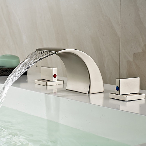 

Brass Bathroom Sink Faucet,Two Handles Three Holes Waterfall Nickel Brushed Widespread Bath Taps with Hot and Cold Water