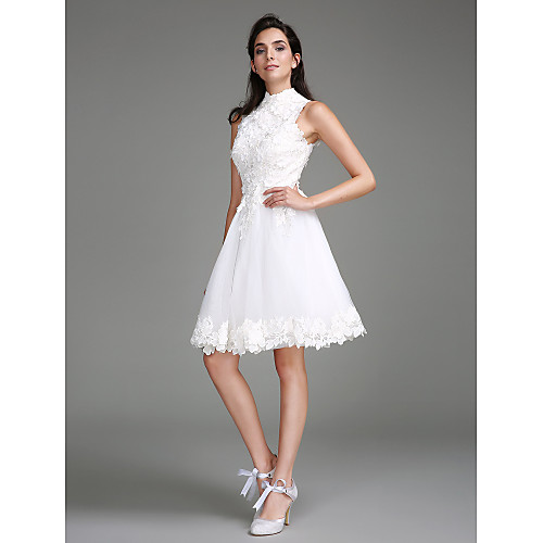

A-Line Wedding Dresses High Neck Knee Length Lace Regular Straps Little White Dress with Lace 2021