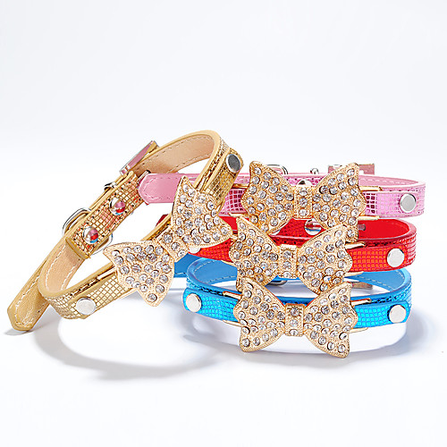 

Cat Dog Collar Adjustable / Retractable Handmade Bowknot Rhinestone PU Leather Black Red Blue Pink Gold